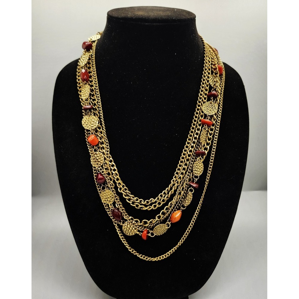Long Multi-Strand Layered Statement Necklace Antique Gold Tone Red Orange Beads